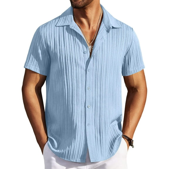 COOFANDY Short Sleeve Shirts for Men Casual Button Down Summer Shirts Textured Beach Wedding Shirt Light Blue M