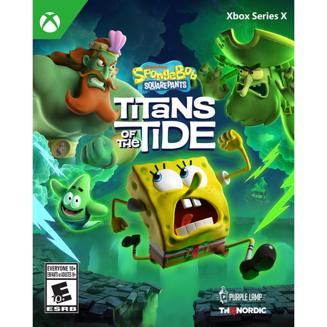 Bob L'éponge : Titans of the Tide Xbox Series X game cover Mettant en Vedette SpongeBob et Patrick en action avec le Roi Fantomatique Neptune et le Hollandais Volant dans une Scène Sombre sous-Marine avec Éclairs, Mettant l'Accent sur les Aptitudes de Plateforme et l'Aventure Fantomatique.
