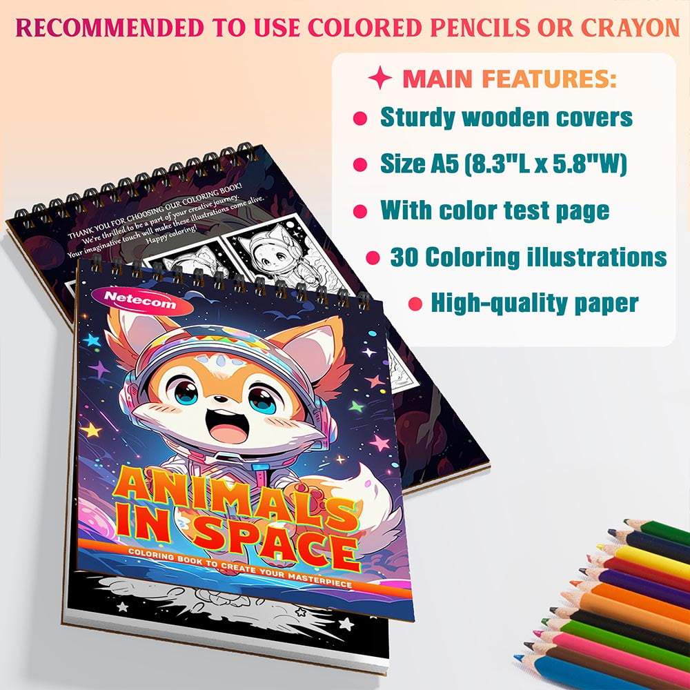 Animals In Space Coloring Book Spiral Bound For Adults, A5 Wooden Cover, 30 Dreamy Coloring Pages of Animal Journeys in cosmos for Stress Relief and Relaxation