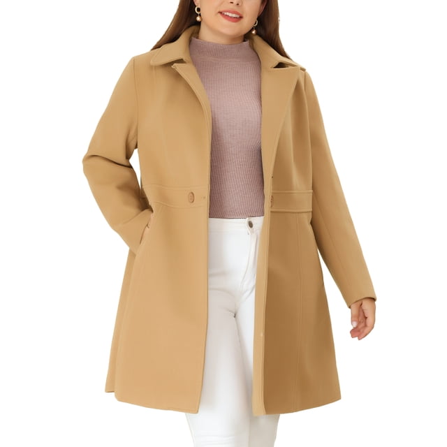 Abrigos de invierno para mujeres de tallas grandes Agnes Orinda, abrigo elegante de trench con solapa y un solo botón, largo con bolsillo, 2X caqui