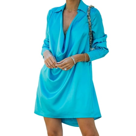 

Franhais Women Solid Color Dress Turn-down Collar Long Sleeve Loose Style One-piece S/ M/ L/ XL