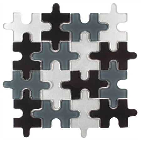 MTO0045 Contemporary Puzzle Pieces Black Gray White Glossy Glass Mosaic