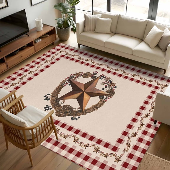 8x10 Area Rugs, Western Texas Star Vintage Non-Skid Rubber Backing Large Rectangle Rugs - Living Room Bedroom Home Office, Rustic Wreath Red Beige Plaid Indoor Floor Mat Carpets Washable Rug