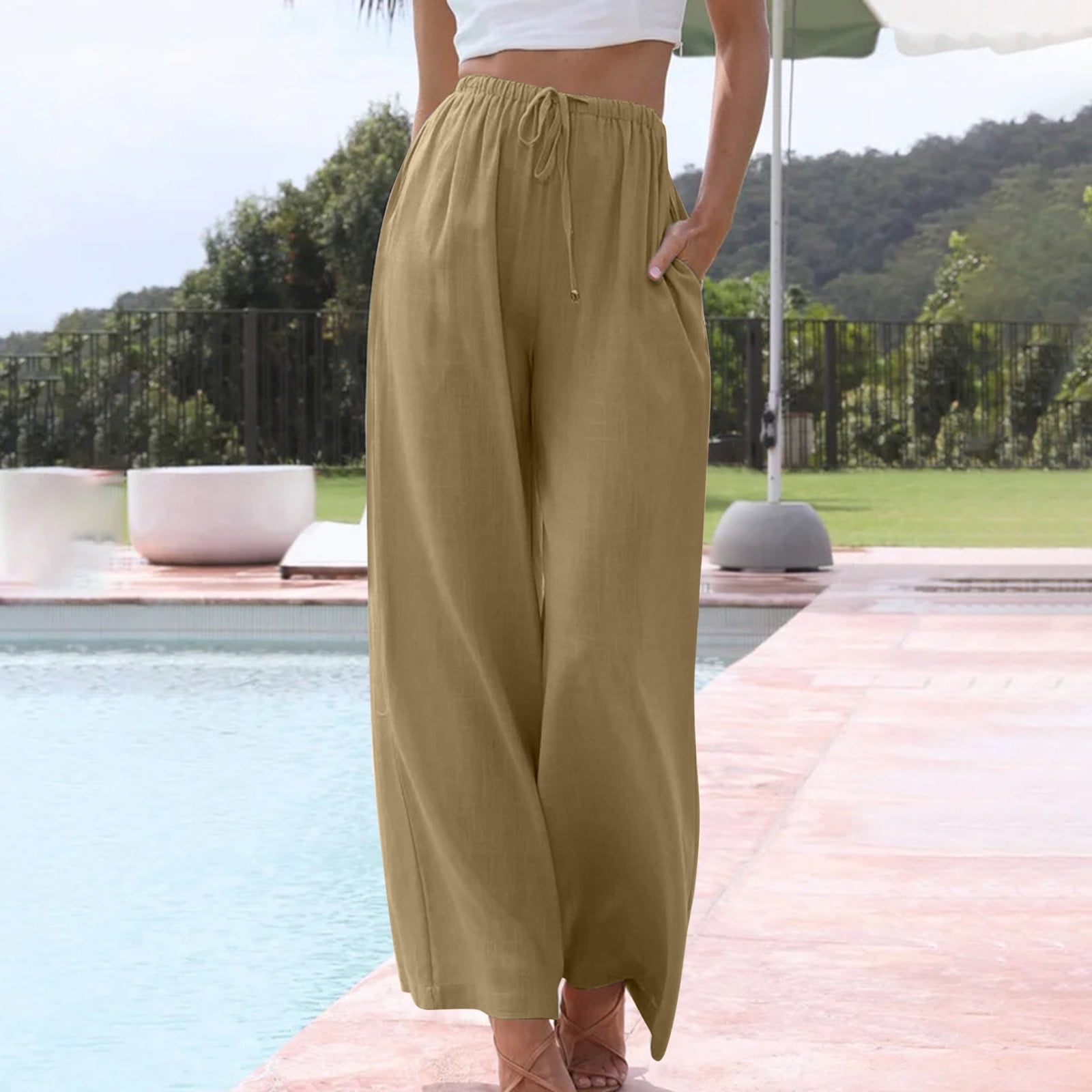 Meichang Tie Waisted Linen Pants Women Solid Elastic Waisted Drawstring Palazzo Pants Baggy Casual Comfy Wide Leg Pants Cropped Trousers with Pockets