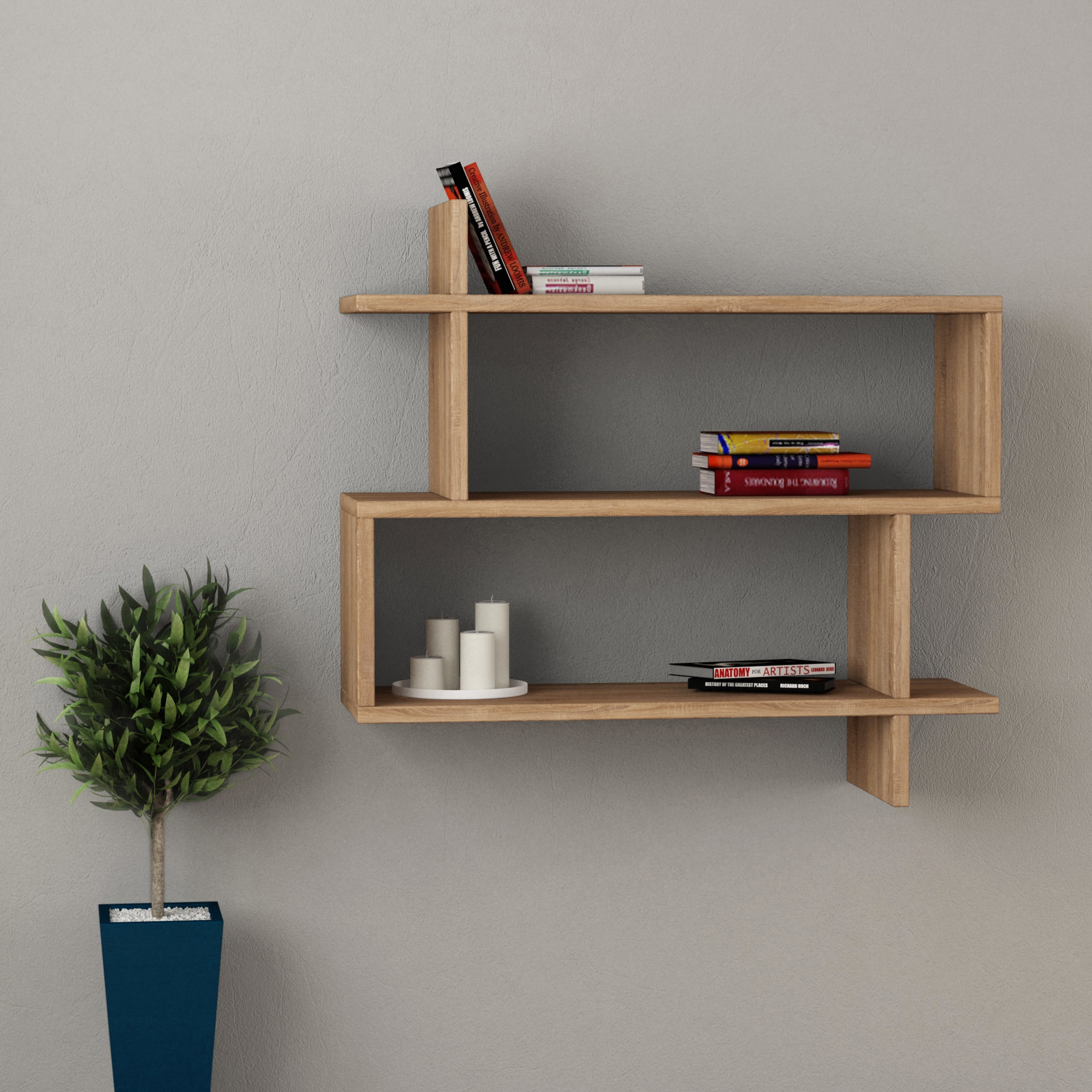 Ada Home Decor Furniture 27.5" 3 Tier Oak Westcott Modern Wall Shelf