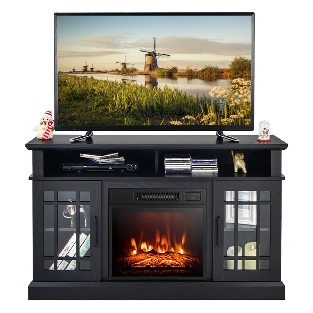 Finihen TV Stand, TV Cabinet, 48 Inch Electric Fireplace TV Stand with Cabinets for TVs Up to 55 Inch, Media Entertainment Center with Storage, for Living Room, Bedroom, Black