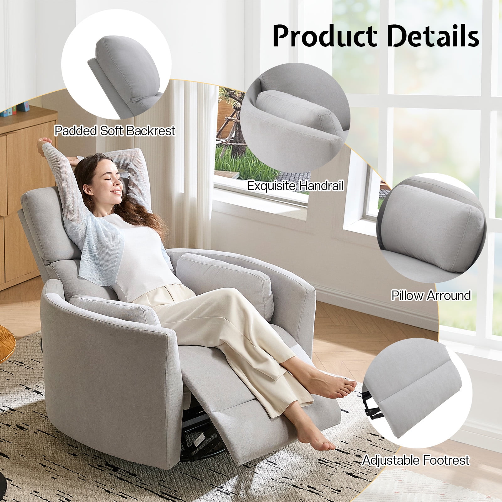 Merluxy Power Swivel Recliner Chair with USB Charging & 2 Pillows, Glider Rocker for Nursery and Living Room, Grey Fabric