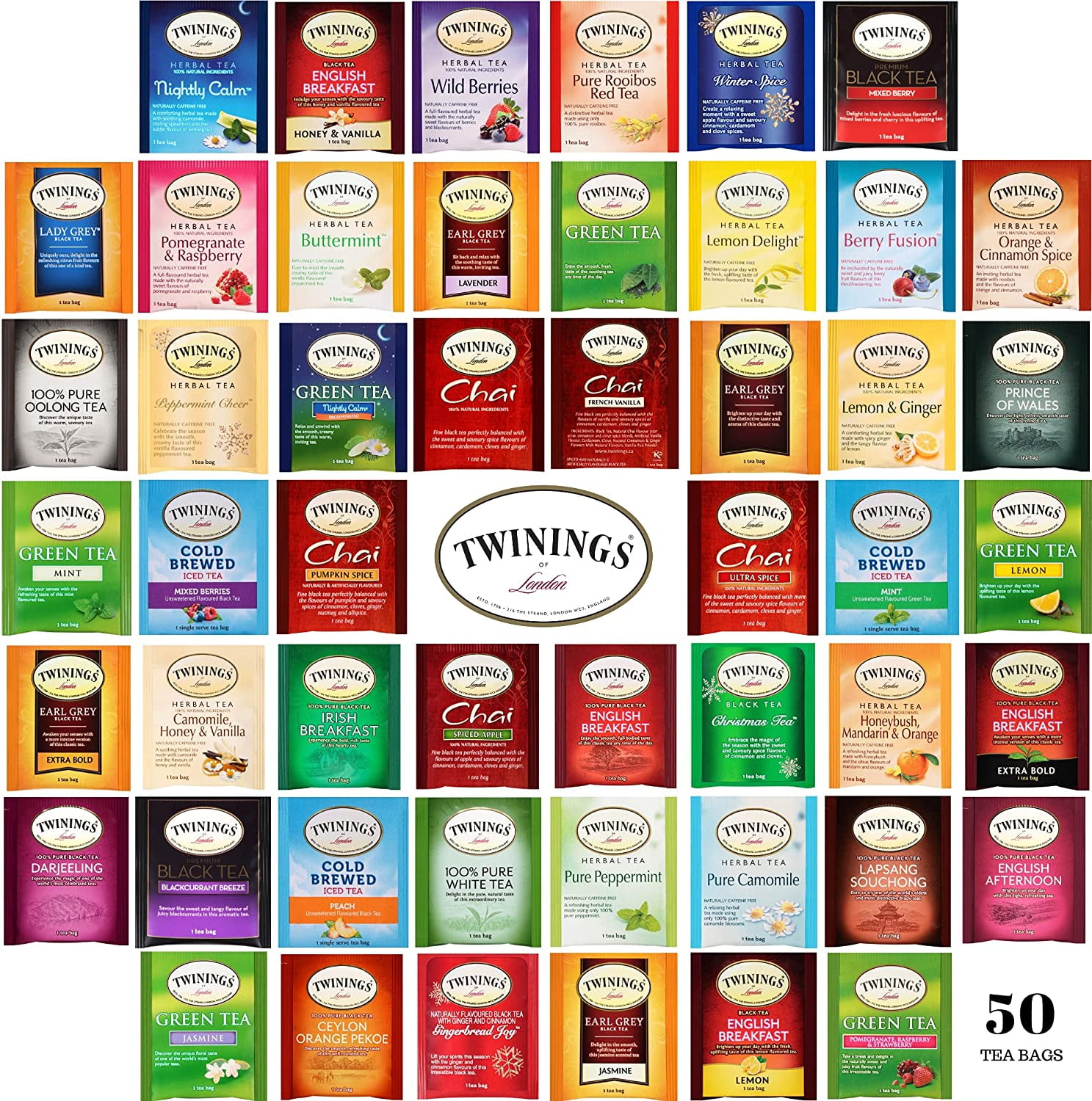 Twinings Tea Bags Assortment - Caffeinated, Herbal and Decaf - 50 Ct ...