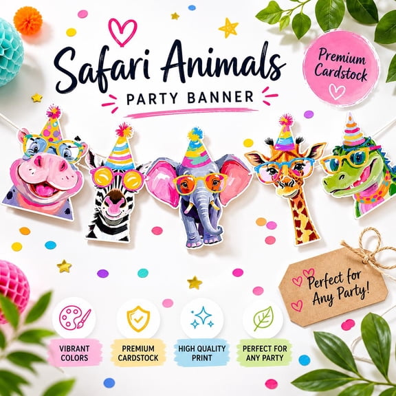 Jungle Animal Party Banner - Safari Birthday Decorations with Funny Glasses