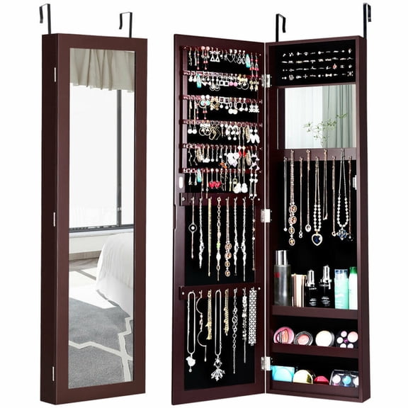 Furnibear Full Length Mirror Jewelry Cabinet, Wall Door Mounted Jewelry Armoire Organizer with Hooks, Dark Brown