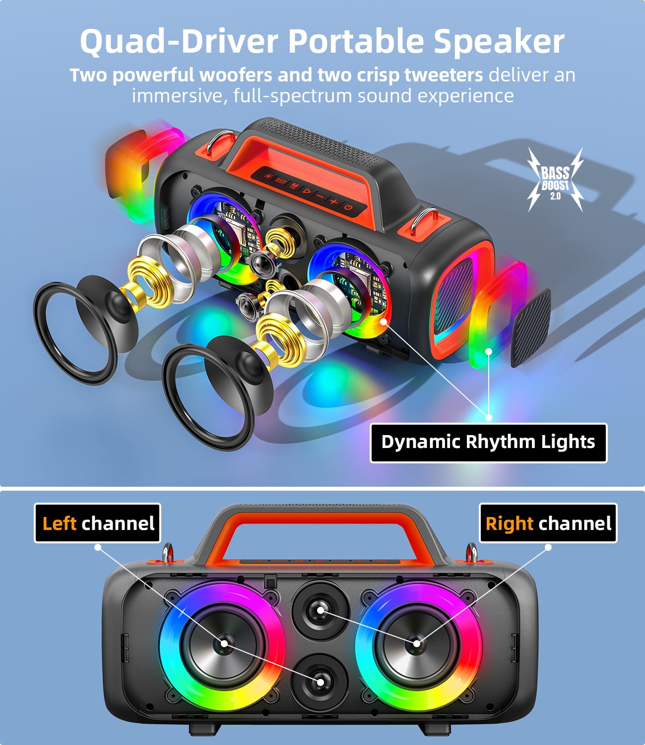 Portable Bluetooth Speaker IP65 Waterproof,140W Loud Sound,Bass Boost,Bluetooth 5.3, LED Lights,True Wireless Stereo Pairing,24H Playtime, for Home/Outdoor/Party/Beach, Fashionable Gift