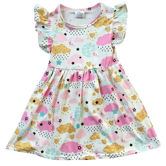 Toddler Girls Lovely Cap Sleeve Cloud Rain Moon Cotton Birthday Party Girl Dress Off White 2T XS (P201392P)