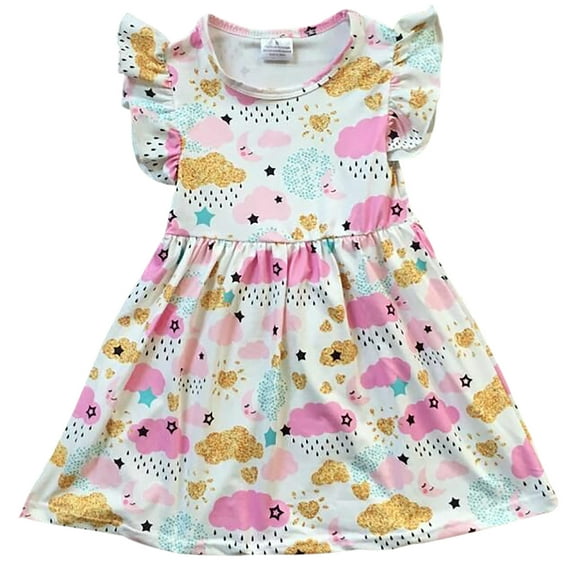 Toddler Girls Lovely Cap Sleeve Cloud Rain Moon Cotton Birthday Party Girl Dress Off White 2T XS (P201392P)