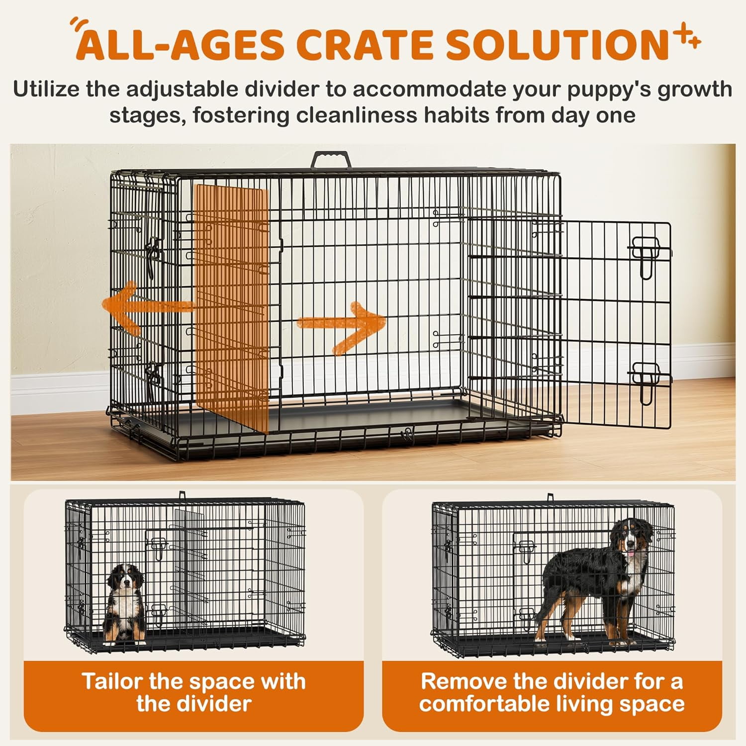 LibraMAl 48 inch Double Door Dog Crate w/Divider for Puppy to Adult Large Collapsible Metal Crate with Removable Tray XXL Wire Dog Kennel Pet Crate for Dogs Portable Travel Cage, Black