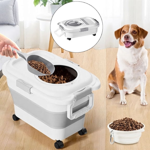 JIAN YA NA Collapsible Pet Dog Food Storage Container, Cereal Flour Rice Storage Bin with Rolling Wheels and Transparent Lid, 20lb Capacity, White