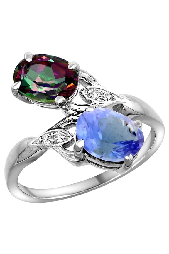 14k White Gold Diamond Natural Mystic Topaz & Tanzanite 2-stone Ring Oval 8x6mm, size 7
