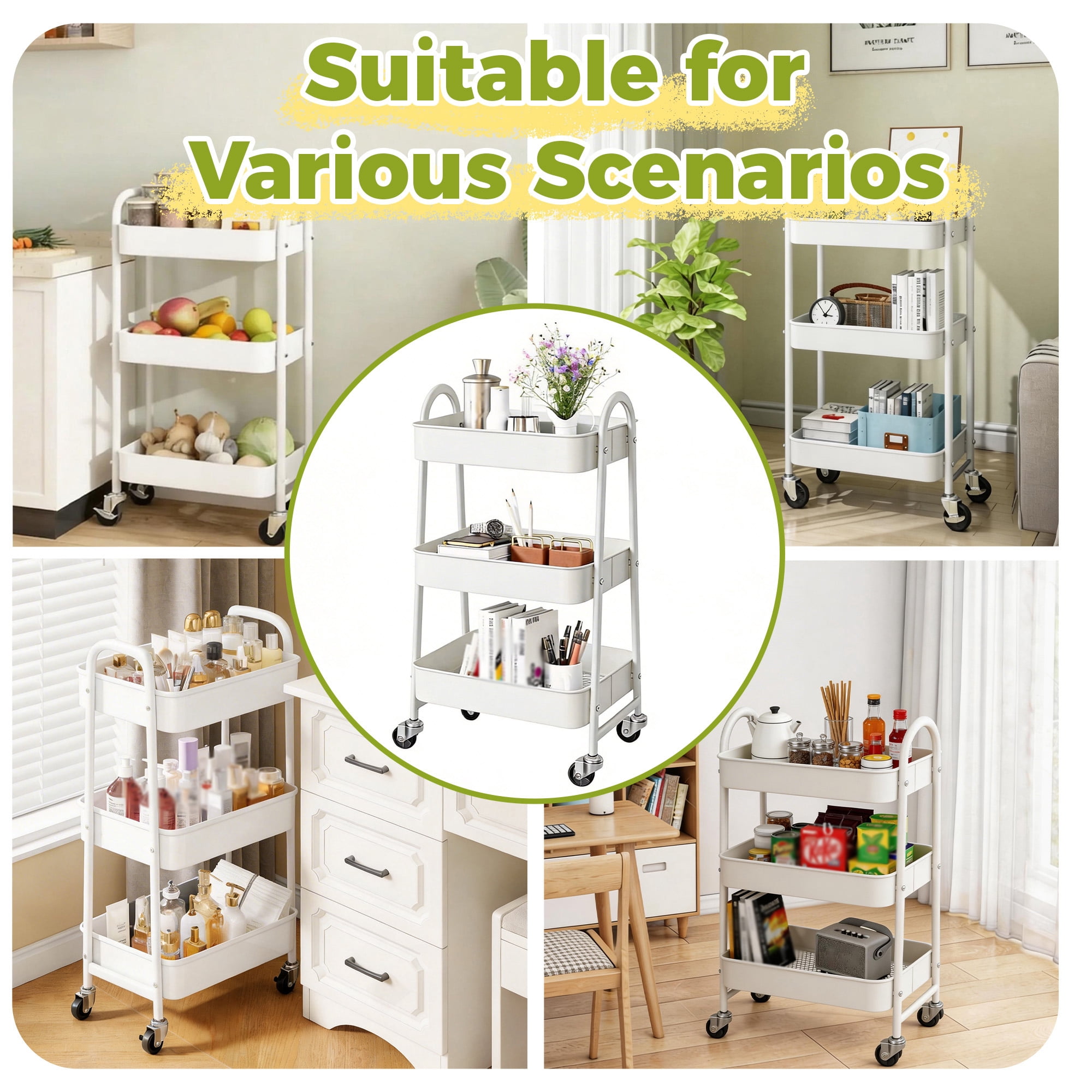 3-Tier Rolling Storage Cart, Metal Utility Organizer Cart, Metal Mesh Rolling Storage Cart with Lockable Wheels, Utility Organizer Cart for Kitchen, Bathroom, Laundry Room, Office & Narrow Spaces