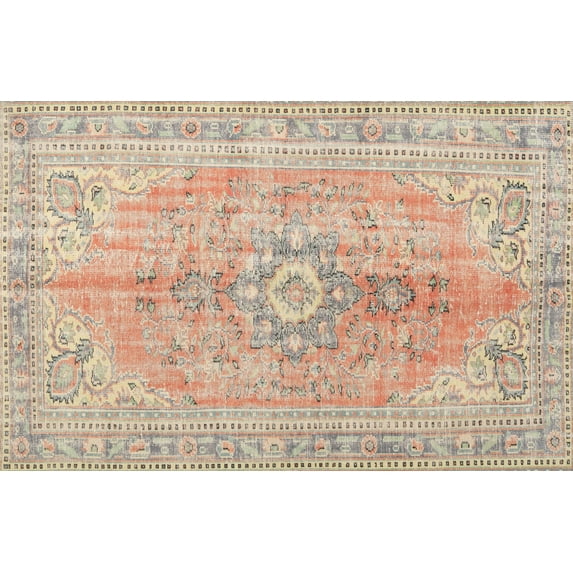 Ahgly Company Machine Washable Indoor Rectangle Traditional Orange Salmon Pink Area Rugs, 8' x 10'