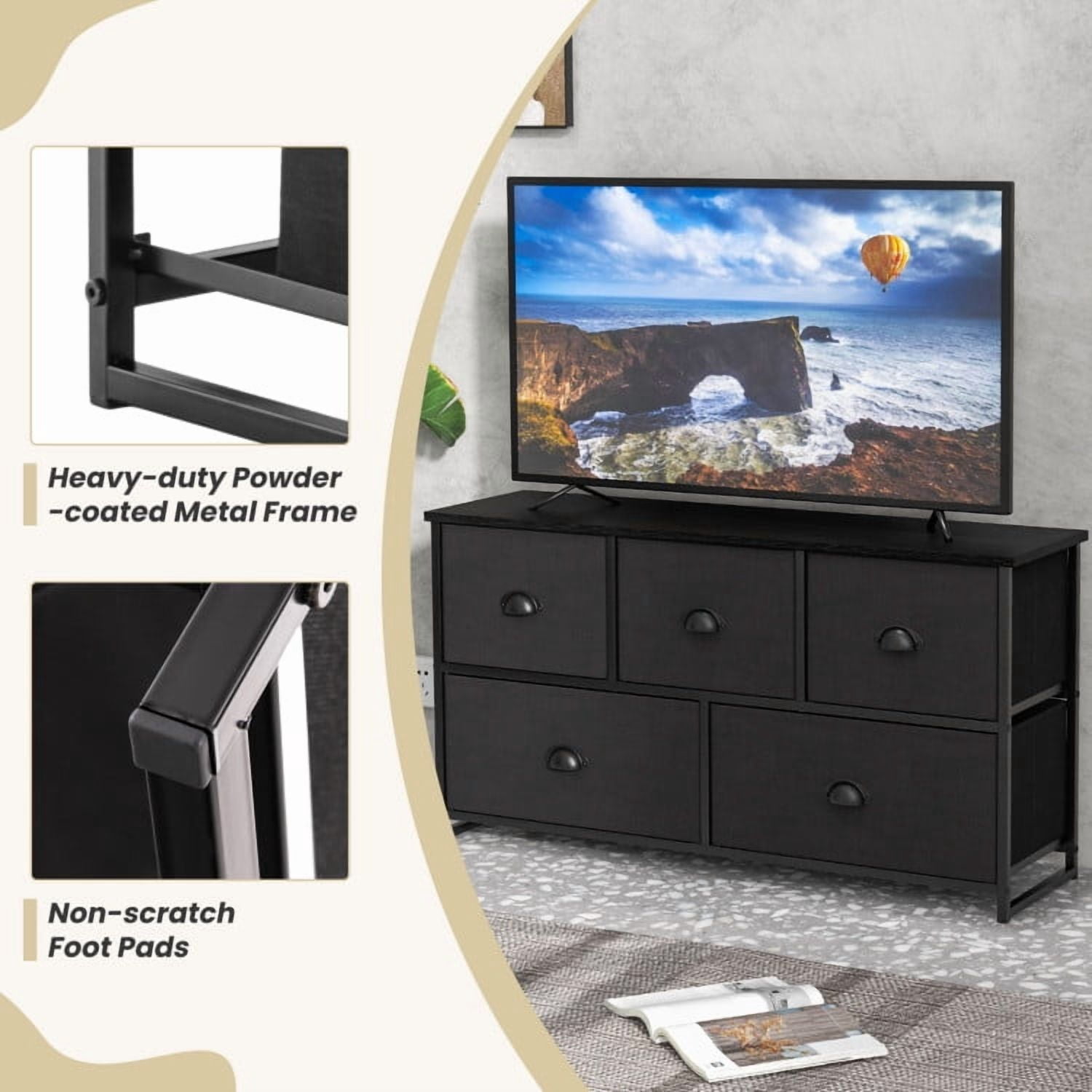 Kadyn Wide Chest of Drawers Dresser for Bedroom, 5 Drawers Dresser Storage Tower with 5 Foldable Cloth Storage Cubes, Black