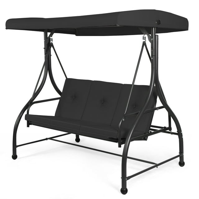 Costway Converting Swing Canopy Hammock with 3 seats in black, featuring a sturdy steel frame and weather-resistant cushions. The swing includes a removable seat and back cushions for added comfort, an adjustable backrest that converts into a flat bed, and a sunshade canopy for UV protection. Ideal for outdoor spaces like patios, porches, gardens, and poolside areas.