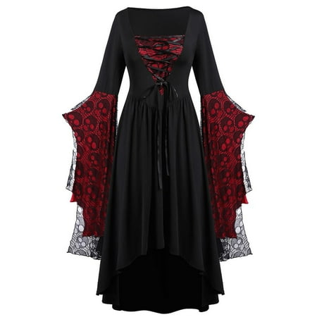 Fjofpr Womens Clothes Plus Size Dresses Long Sleeve Skull Lace Print Corset Dresses Color Matching Dresses Bandage Retro Formal Party Dress