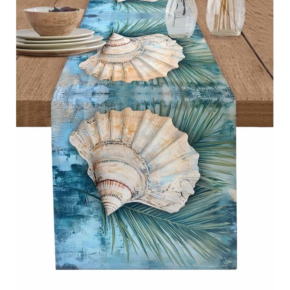Coastal Table Runner 36 Inches, Vintage Botanical Beach Nautical Shell Bed Runner Dresser Scarves Tabletop for Indoor Outdoor Parties/Ceremony/Banquet, 13"x 36"