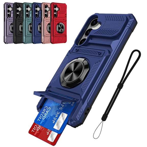 New Phone Case For Samsung Galaxy S25 FE,Rugged Shockproof Ring Holder Kickstand Card Slot Case With Strap, Blue