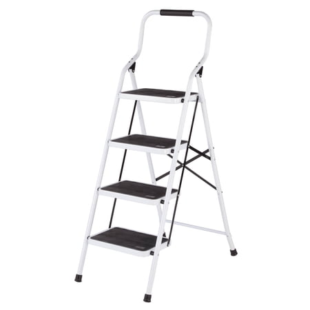 LivingSURE Folding 4-Step Safety Ladder, 2-in-1 Padded Handle and Backrest, Household and Kitchen Use, White
