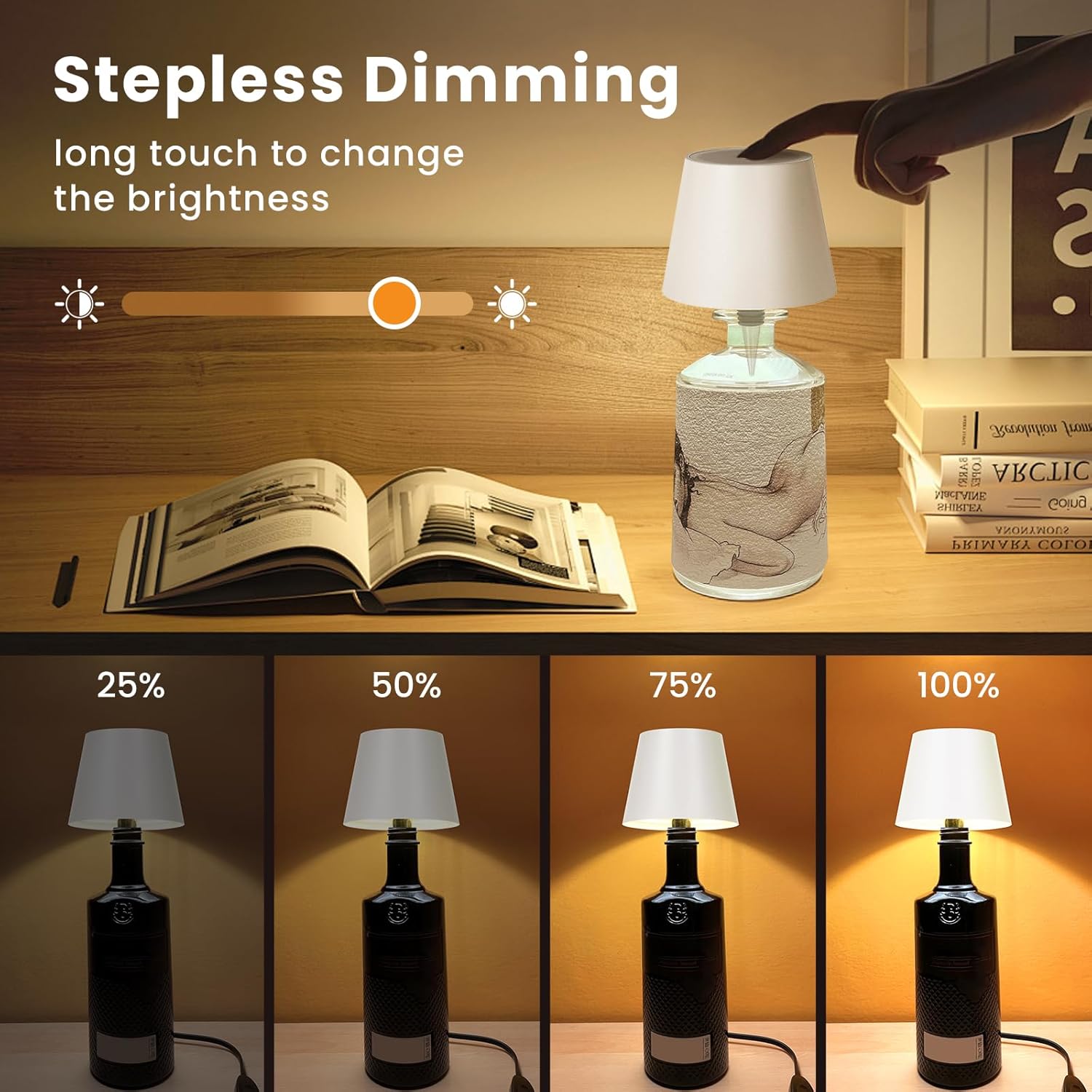 Wireless Bottle Lamp, 3 Color Stepless Dimming Rechargeable LED Wine Bottle Lights, Touch Wine Bottle Lamp with RGB Breathing Light Cordless Table Lamp for Bars Restaurants