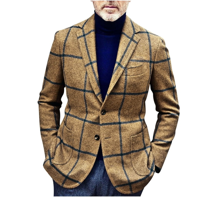 DxhmoneyHX Clearance Mens British Wool Blend Suit Blazer Plaid Sport Coats Wool Blend Blazer Jacket Notch Lapel 2 Button Blazer for Office Business