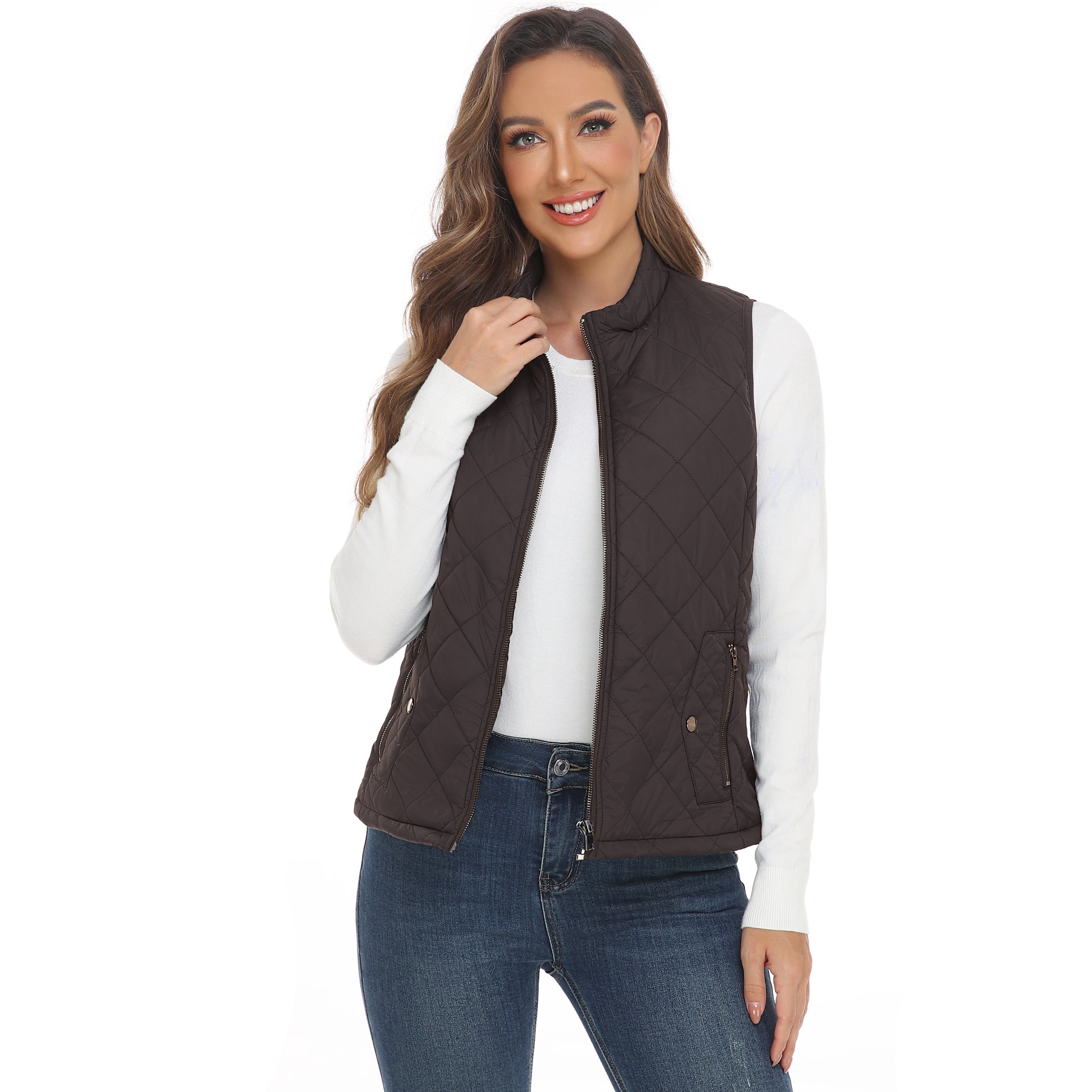 LK women's vest - Stand Collar Lightweight Padded Gilet for Women (Brown-XXL)