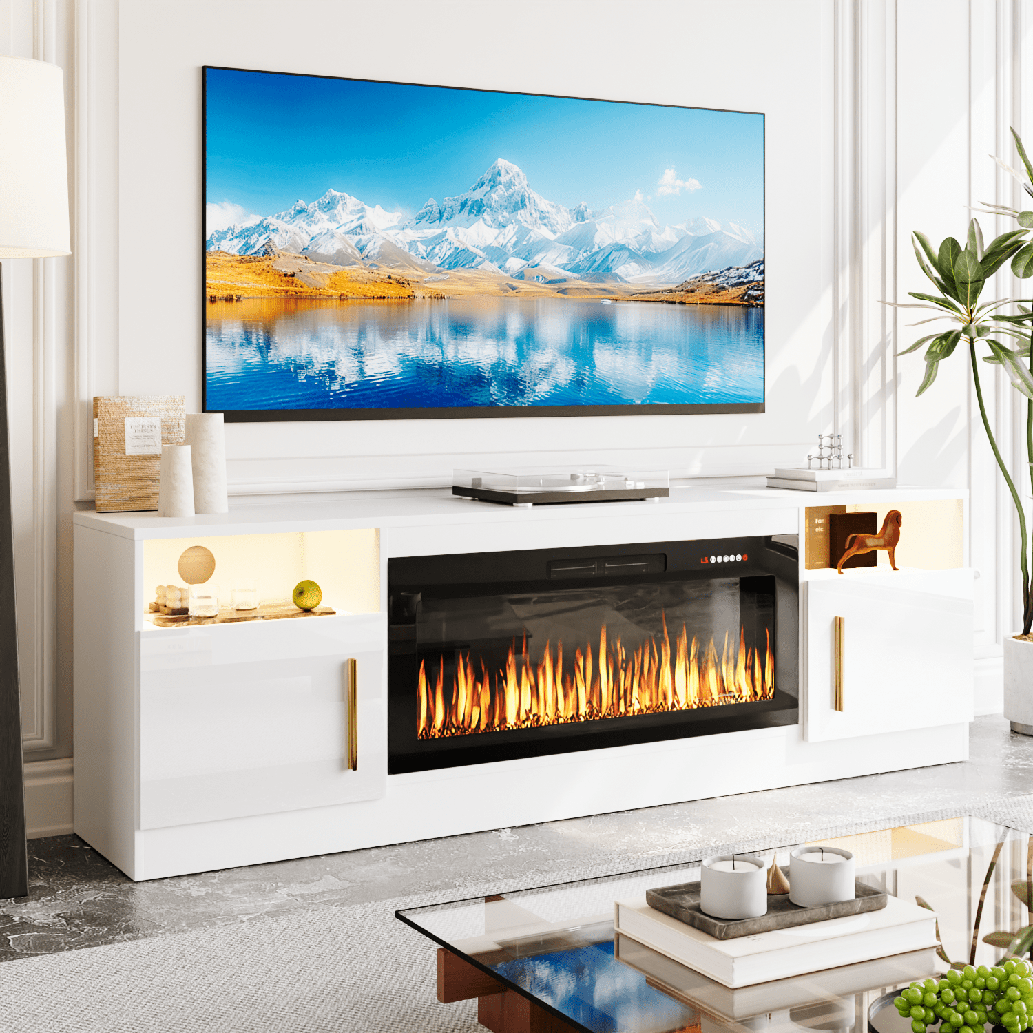 White TV Stand with Black Fireplace