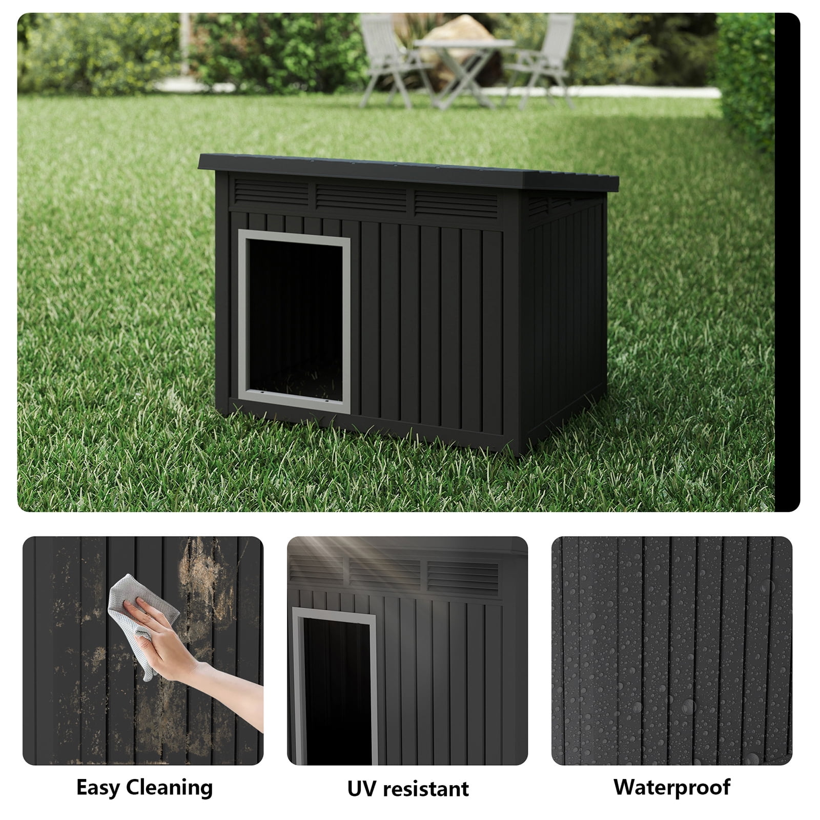 Large Dog House for Indoor and Outdoor Use Weatherproof Roof Removable Floor Spacious Kennel for Medium to Large Dogs with Ventilation and Easy Clean Top Black