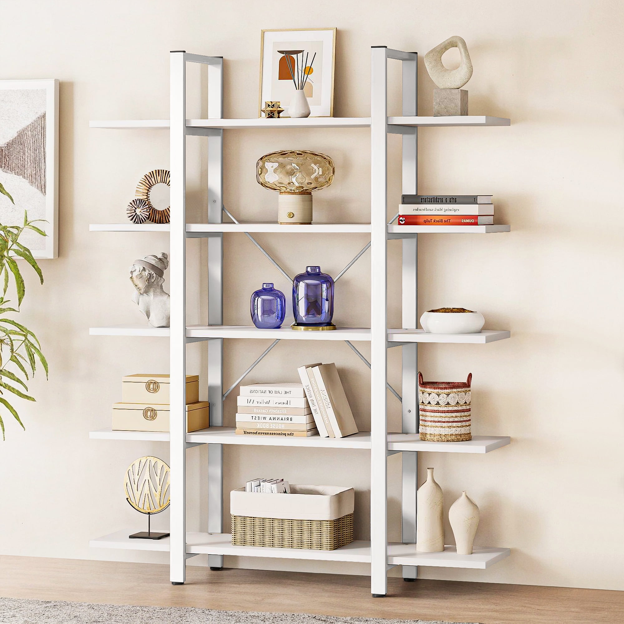 Demi Bonn 5 Tier Bookshelf, Bookshelves, Open Etagere Bookcase Shelf Storage Organizer, Free Standing Storage Shelving Unit for Bedroom, Living Room and Home Office, White