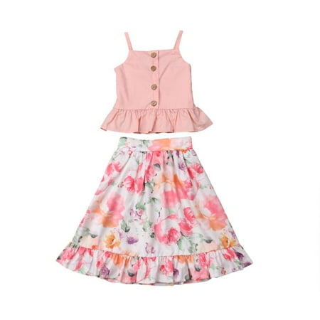 Infant Girl Two Pieces Floral Print Outfits Sets Straps Ruffles Pullover Tops+Maxi Skirt Long Flare (Best Long Skirts And Tops)