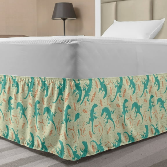 Gecko Bed Skirt, Ornamental Silhouettes of Reptiles with Leaves on Polka Dots Background, Elastic Bedskirt Dust Ruffle Wrap Around for Bedding Decor, 4 Sizes, Teal Cream and Orange, by Ambesonne