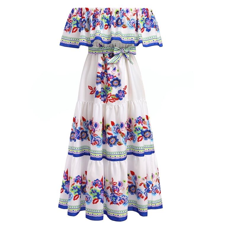 Idopip Women's Mexican Dress Off Shoulder Floral Print Maxi Dress L Blue White Idopip Women's Mexican Dress Off Shoulder Floral Print Maxi Dress L Blue White