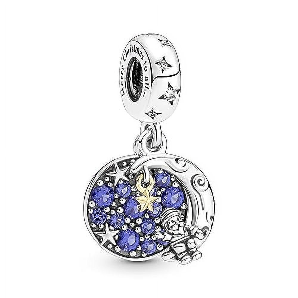 Pandora Moments Sterling Silver and Blue Santa Claus On The Moon Double Dangle Charm