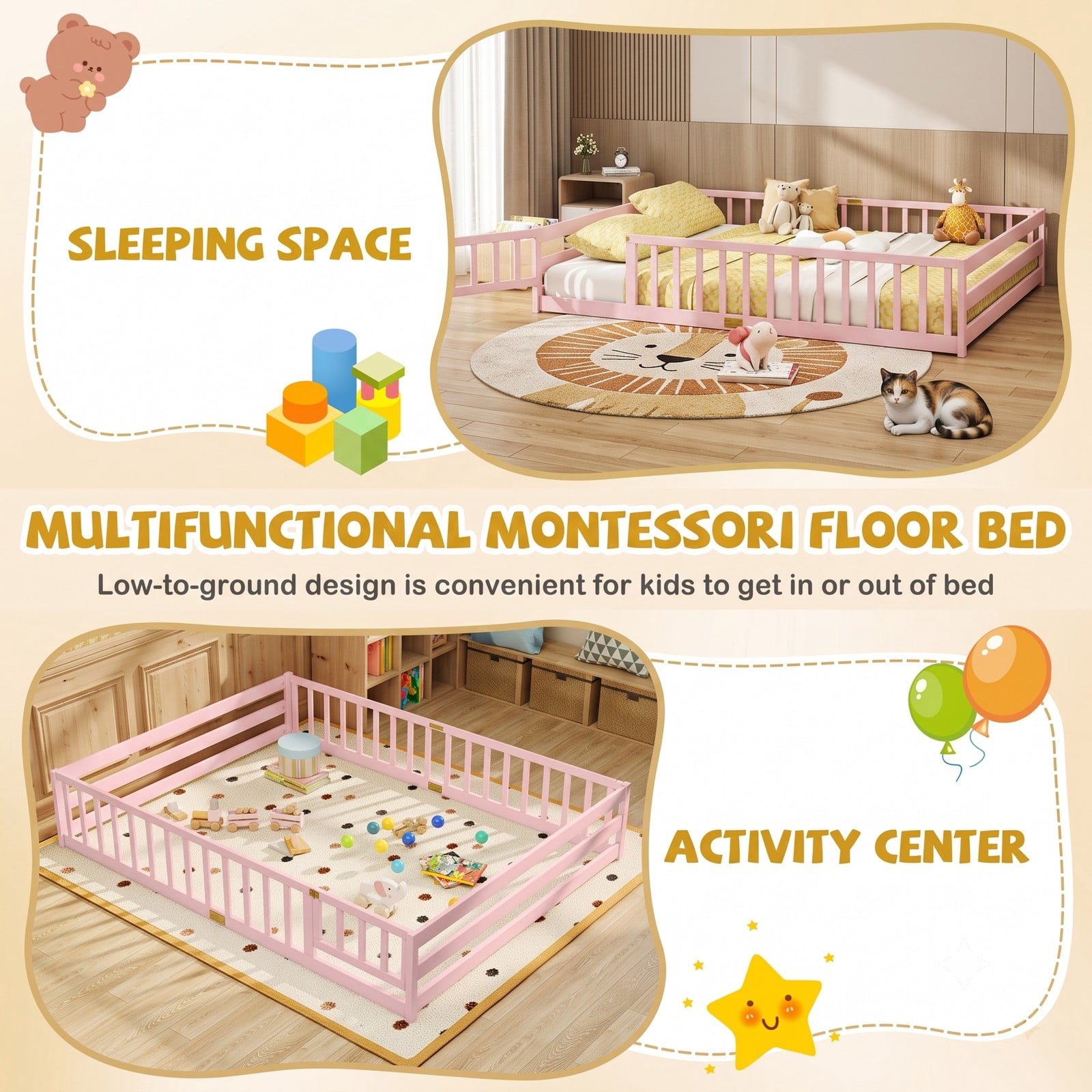 Furnibear Queen Size Wood Montessori Floor Bed Frame with Full Length Guardrails and Lockable Gate, Queen Bed Frame for Kids Bedroom, Pink