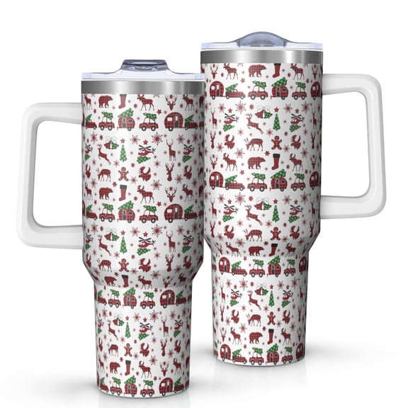 White Christmas Animal and Car Pattern Tumbler with Handle and Lid,40oz Double Wall Vacuum Insulated Tumbler,Cups Gift for Women and Men