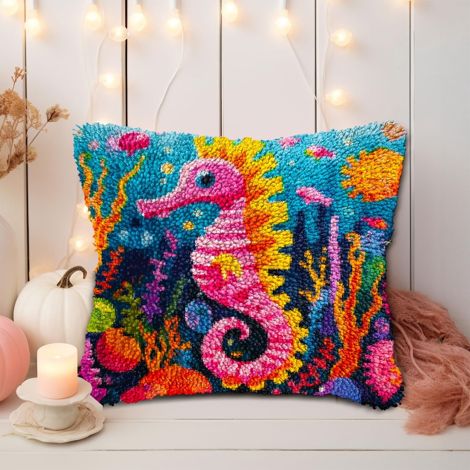 Cartoon Sea Horse DIY Latch Hook Pillow Kits for Adults Printed Pillowcase Crochet Yarns Hooking Handmade Pillow Cover Cushion for Home Sofa Decoration 17x17inch