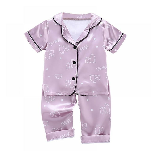 Ensemble de Pyjamas en Satin de Soie pour Bébé Boutonné 2 Pcs Vêtements de Nuit pour Enfants