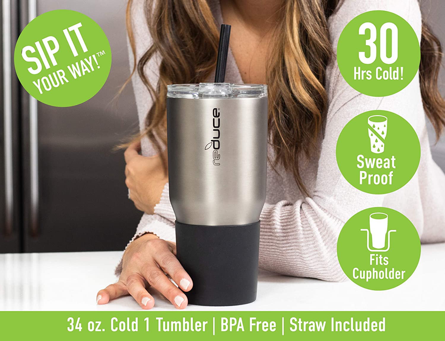 Reduce Cold-1 Tumbler w/Lid & Straw, 24oz – Stainless Steel, Sweat-Proof  Body – Cupholder Friendly, Perfect for Water and Coffee – Blue & White 