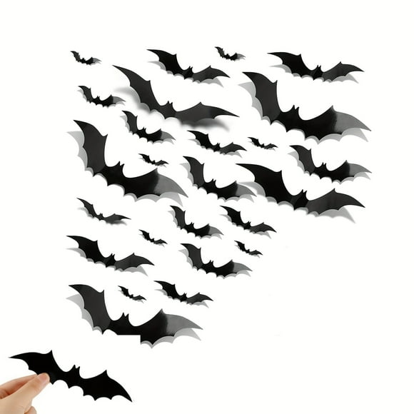 88pcs Halloween Bats Wall Decor, 3D Bat Stickers Decoration 4 Sizes Reusable PVC Black DIY Paper Bat Decals For Indoor Outdoor Window Home Door Goth Hallowmas Party Supplies