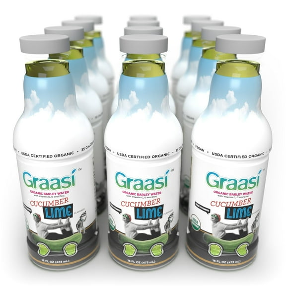 Graasi Organic Barley Grass Water | Hydration Drink with Vitamin C, D, Zinc | USDA Organic, Non-GMO, Vegan | Low-Calorie Wellness Beverage | Cucumber Lime | 12 Pack (16 Fl Oz Bottles)