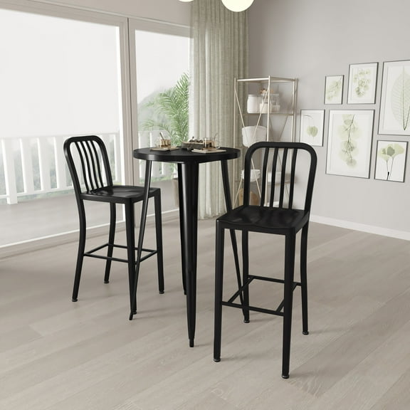 Merrick Lane 3 Piece Outdoor Dining Set in Black with 24" Round Table and 2 Slatted Back Bar Stools with Footrests