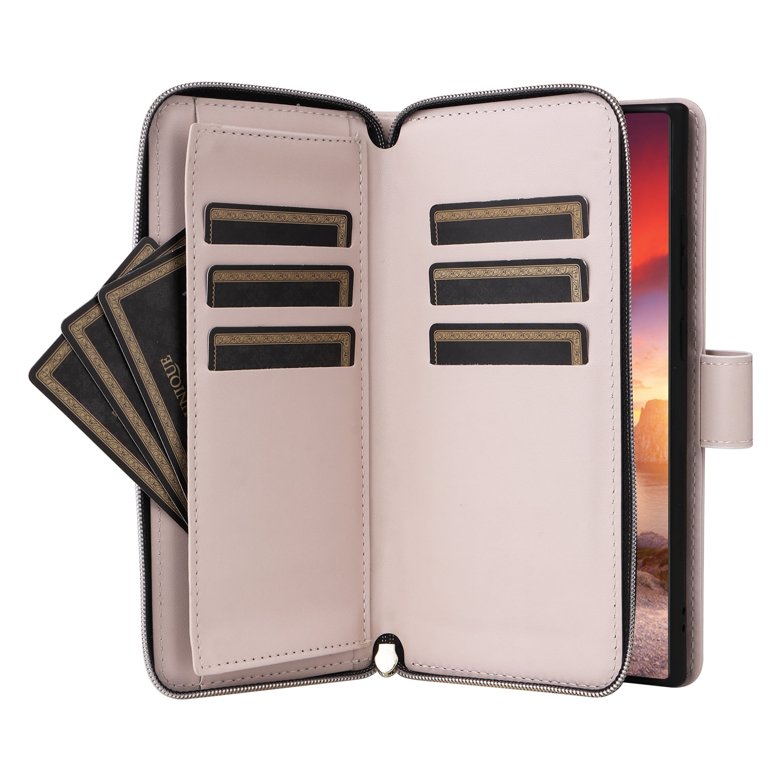 Compatible for Samsung Galaxy S24 Ultra Wallet Case, Crossbody Strap PU Leather Folio Phone Cover, Zipper Handbag Purse with Card Holder Lanyard Flip Stand for Samsung Galaxy S24 Ultra, Beige