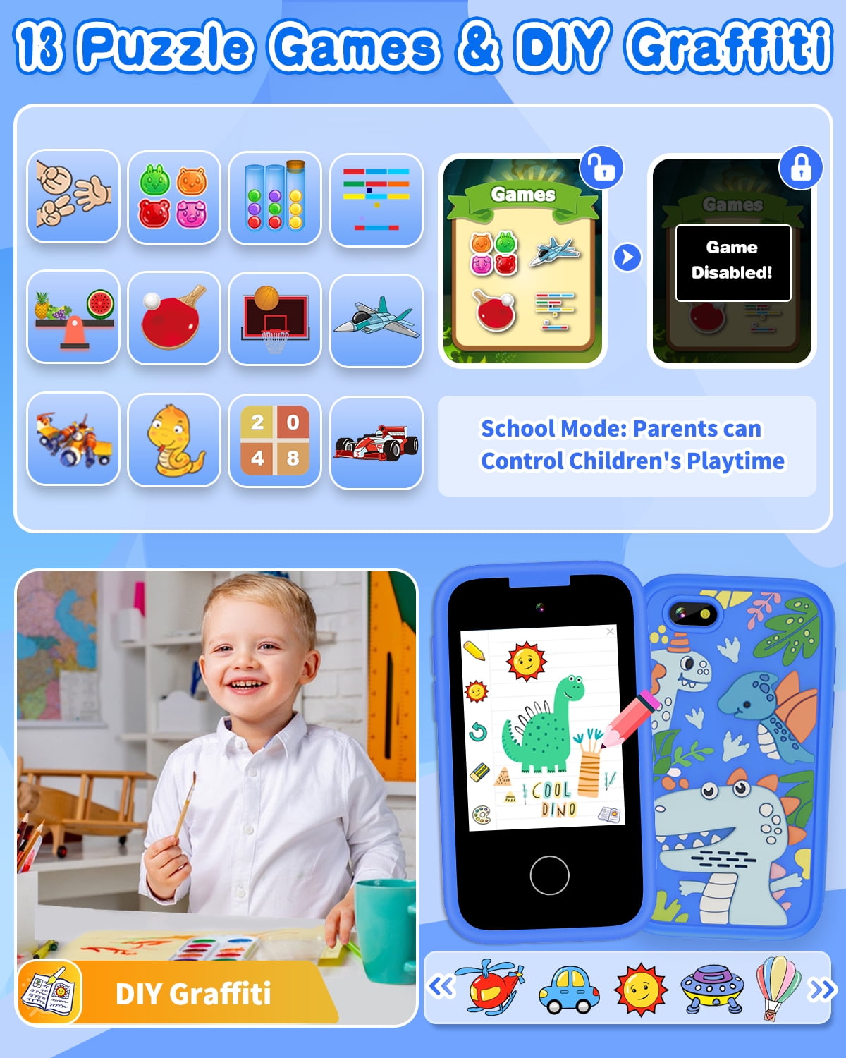Kids Smart Phone for Boys Touchscreen Kids Phone Unicorn Gifts for Boys Age 6-8 with Dual Camera Music Game Learning Toy Phone Christmas Birthday Gifts for 3 4 5 6 7 8 Year Old Girls with 8G SD Card