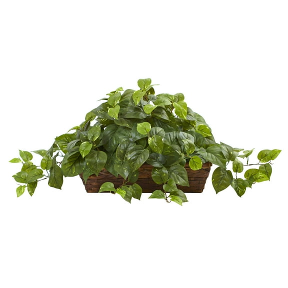 Nearly Natural Plastic 15" Pothos Artificial Plant with Ledge Basket, Green
