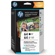 HP 64 Black, Tri-color Ink Cartridges with 40 sheets of 4x6 inch Photo Paper (Z2H77AN)